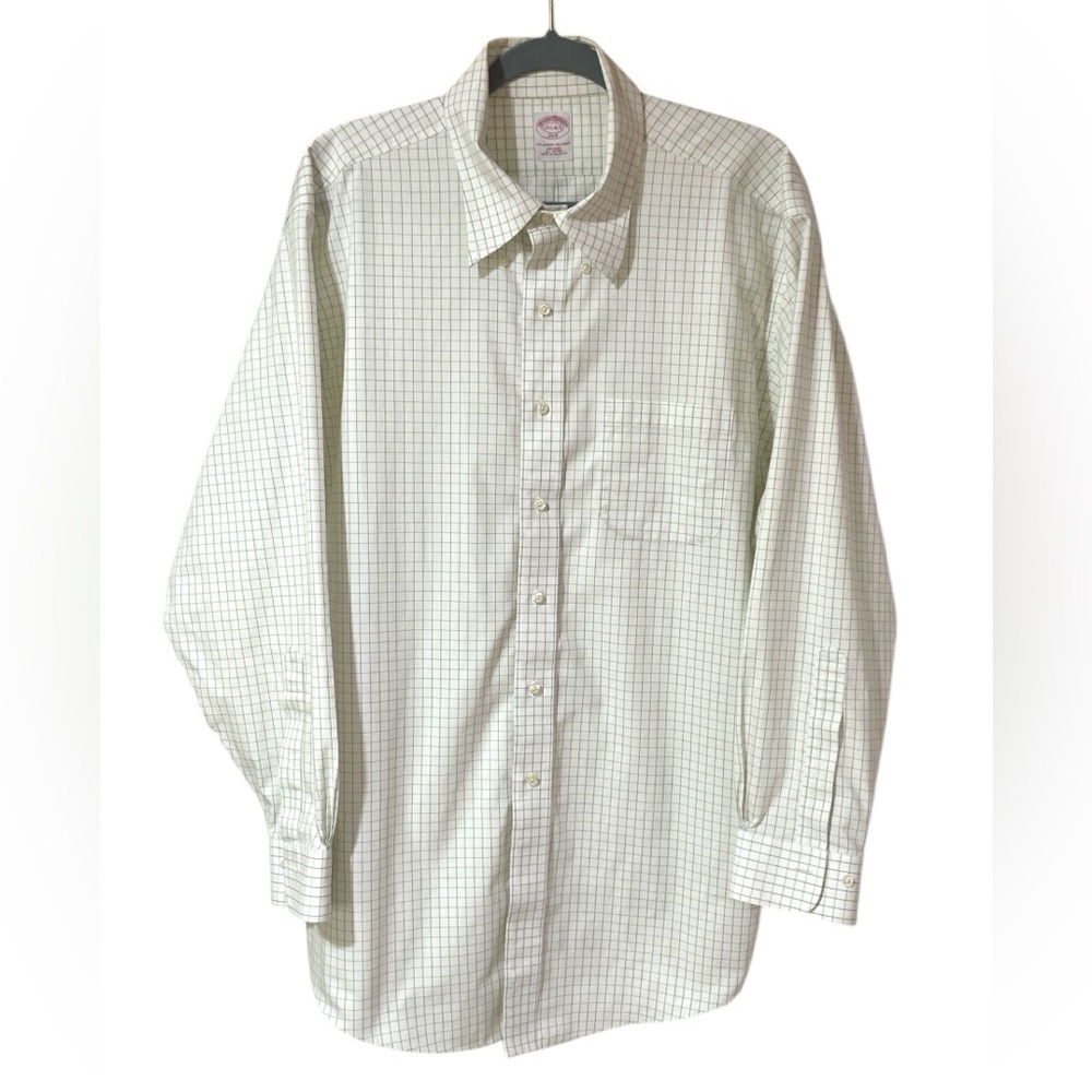 Brooks Brothers 346 Shirt Button Down Cotton Check White Green 17 1/2-4/5
